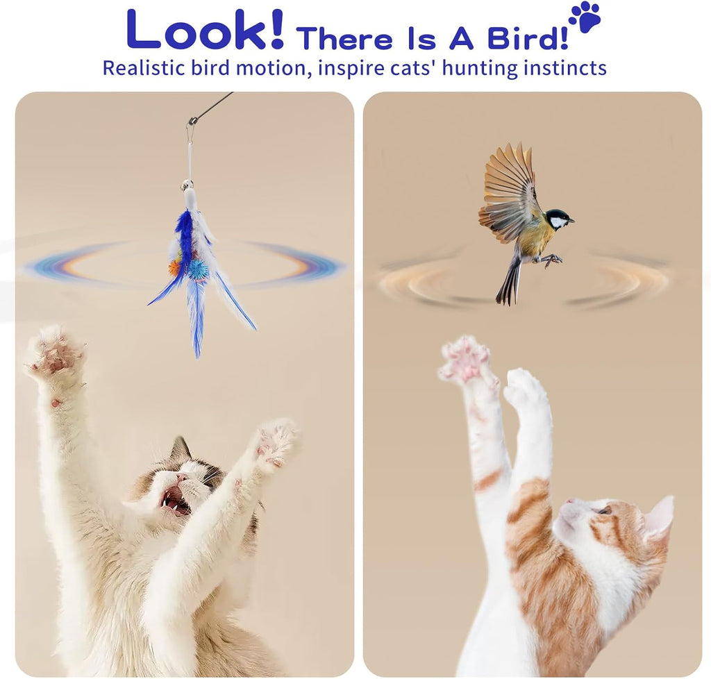 Pawaboo Cat Feather Wand Interactive Toy, 2 Feathers + 1 Wand with Bell | Cat Feather Teaser Toys Flying Catcher Extra Long 34.5" Wand Exerciser Playing Chase Cat Toy Wands for Kitten, Blue