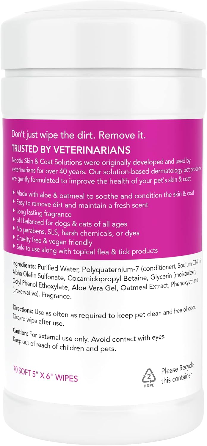Nootie Waterless Shampoo Wipes, Cherry Blossom, Long-Lasting Fragrance | 70 Ct, sold in 10,000+ vet clinics & pet stores, made in USA 