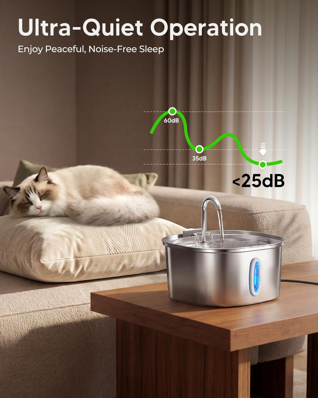 PEKTACO Cat Water Fountain, 3.2L/108oz Stainless Steel Pet Water Fountain