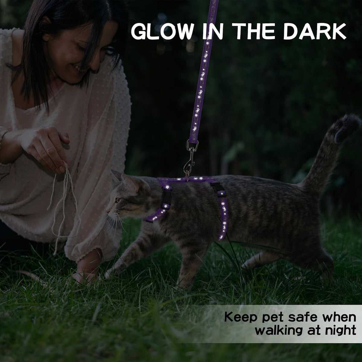 PAWCHIE Cat Harness with Leash and Collar Set - Escape Proof Adjustable H-shped Cat Harness with Star and Moon Pattern Glow in The Dark for Kitty Outdoor Walking