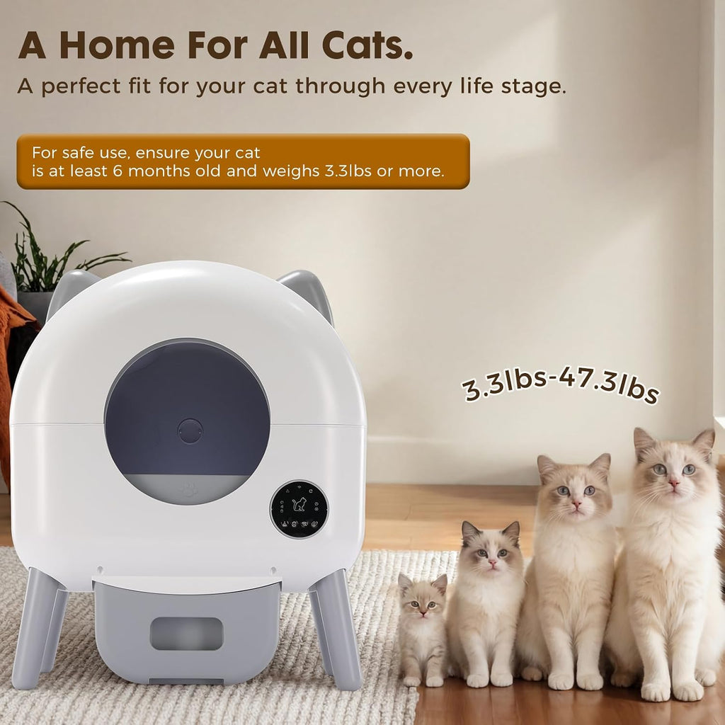 GTPLAYER Automatic Self-Cleaning Cat Litter Box, 2026 Upgraded 66L+18.6L Extra-Large Covered Smart Box with App Control, Safety Sensor System, Easy-Clean Waste Bin, Ideal for Multi-Cat Homes,White