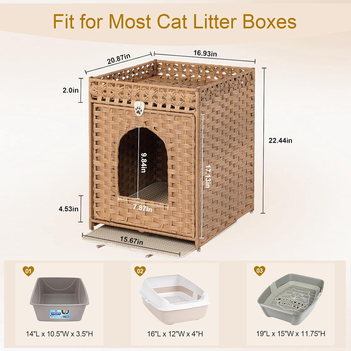 Snughome Cat Litter Box Enclosure Furniture Hidden with Litter Mat, Hidden Washroom Furniture with Door, Handwoven Rattan Cat Washroom Box, Indoor Pet House for Living Room, Bedroom(Natural)