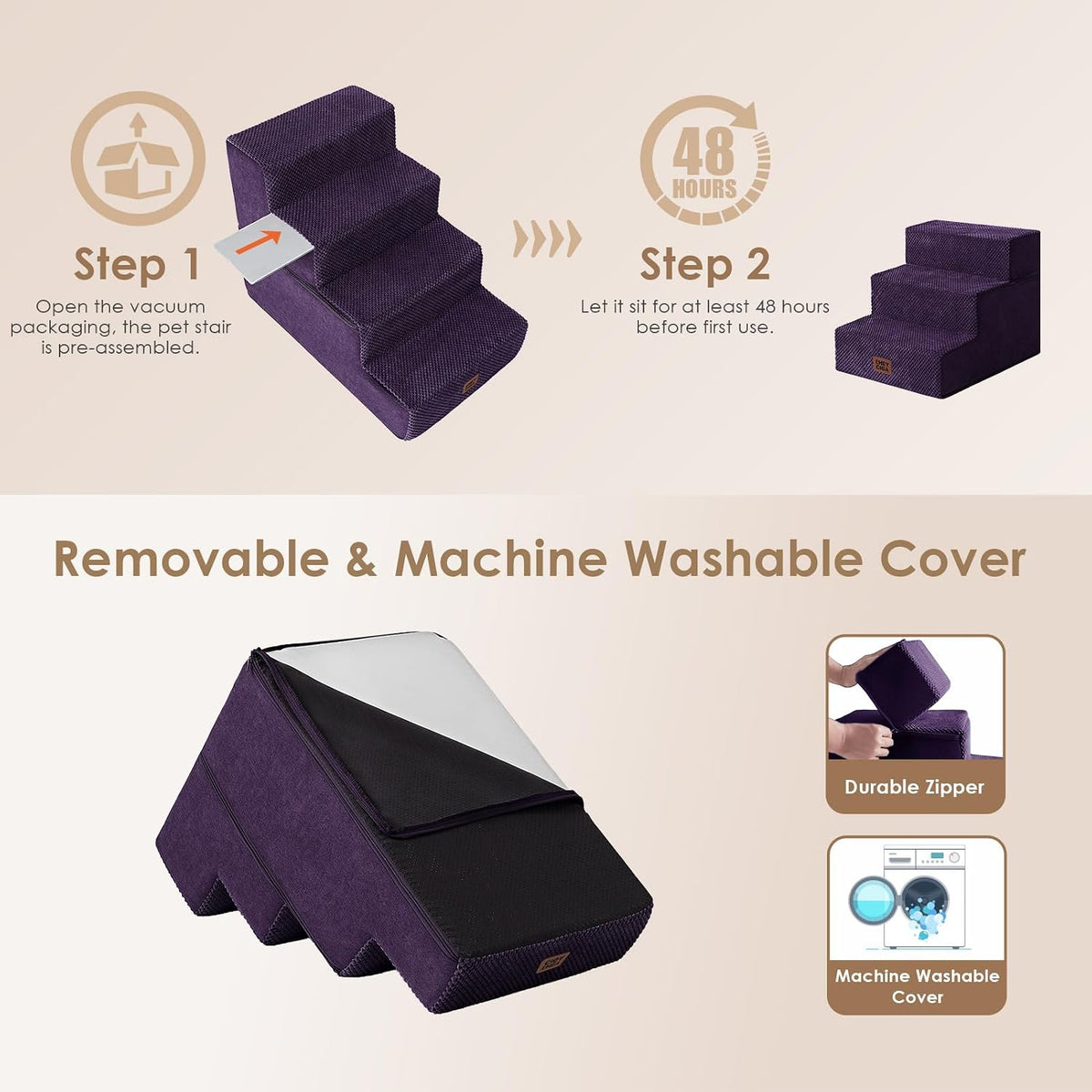 EHEYCIGA Dog Stairs for Small Dogs 13.5" H, 3-Step Dog Steps, Purple