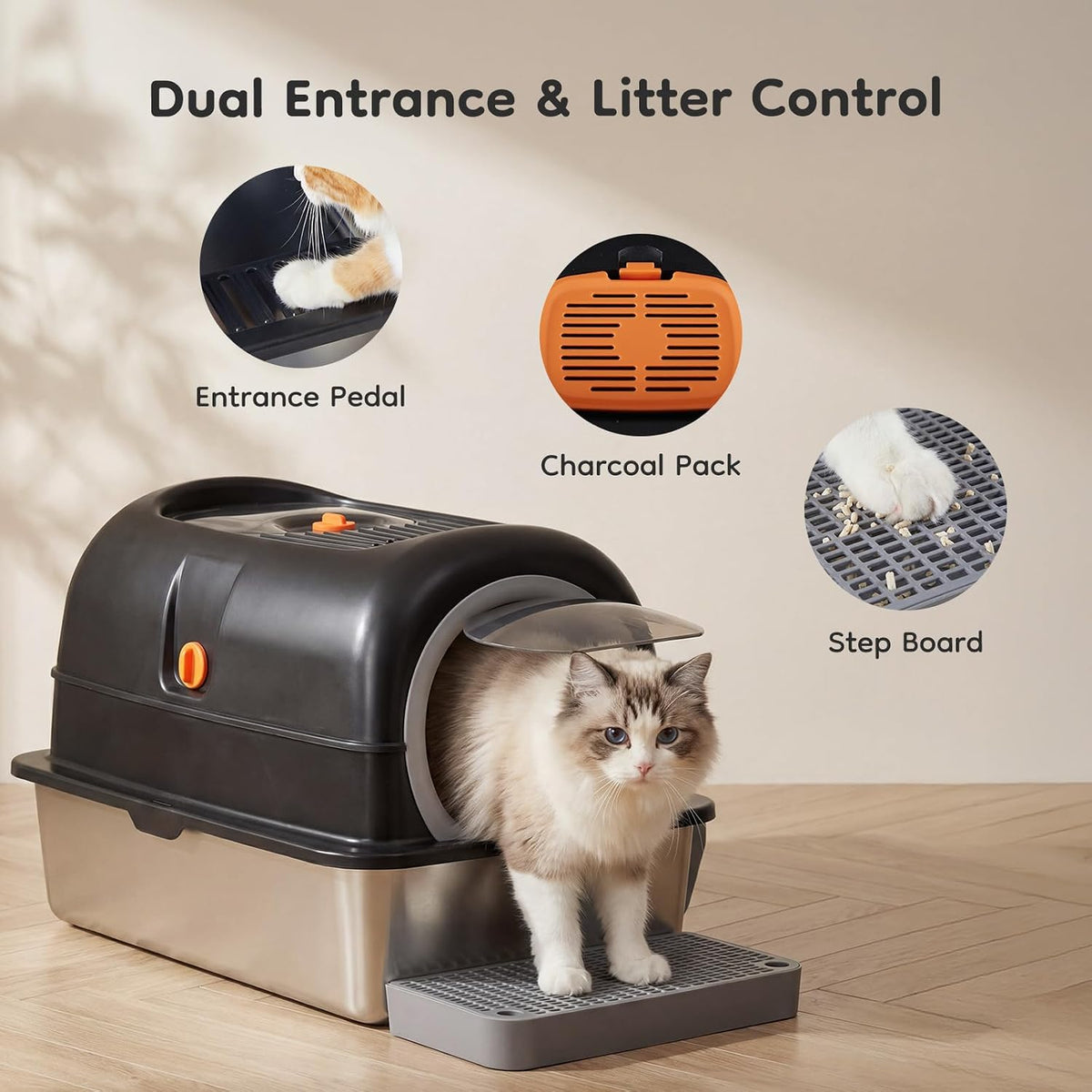 Enclosed Cat Litter Box, Stainless Steel Litter Box with Lid, Black