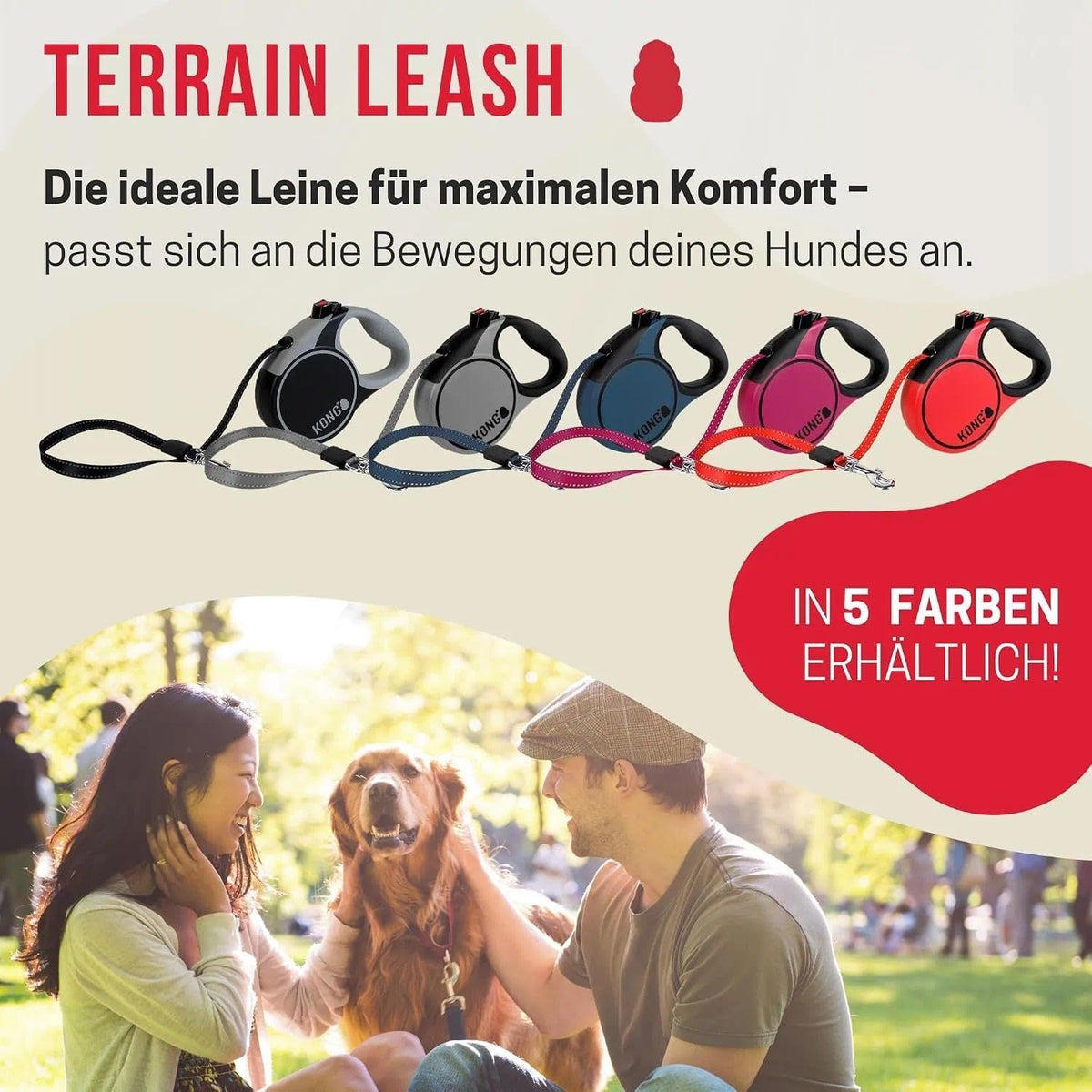 Alcott Kong Terrain Retractable Dog Leash, Medium, Grey, 16' Long.