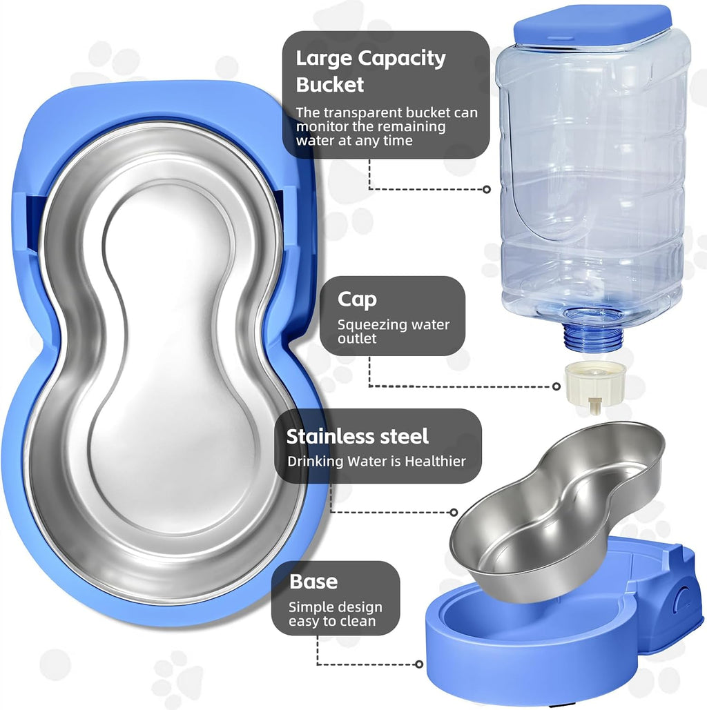 HWONMTE Portable Automatic Cat Feeder and Water Dispenser with Stainless Steel Bowl Dog Gravity Food Feeder and Waterer for Small Medium Pets Puppy Kitten 1 Gallon x 2 (Sapphire Blue)