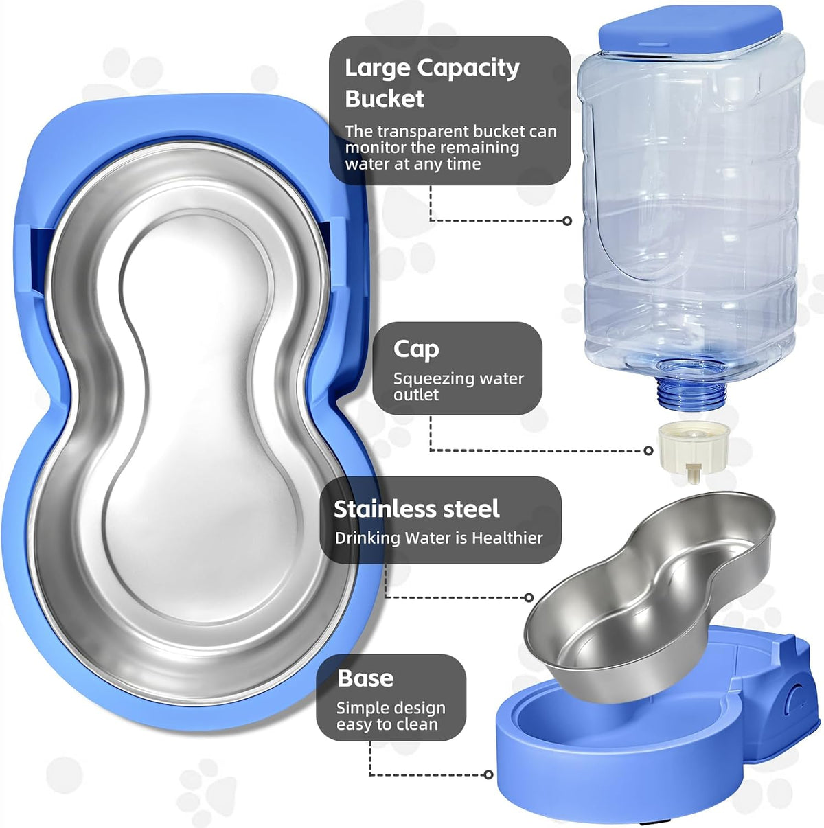 HWONMTE Portable Automatic Cat Feeder and Water Dispenser with Stainless Steel Bowl Dog Gravity Food Feeder and Waterer for Small Medium Pets Puppy Kitten 1 Gallon x 2 (Sapphire Blue)
