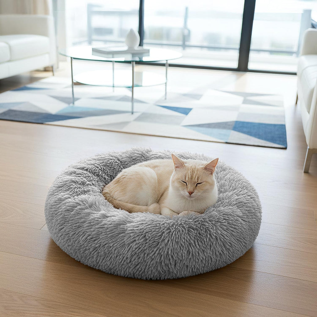 PetAmi Calming Donut Dog Bed, Washable Faux Fur, 23 Inch Small, Light Grey
