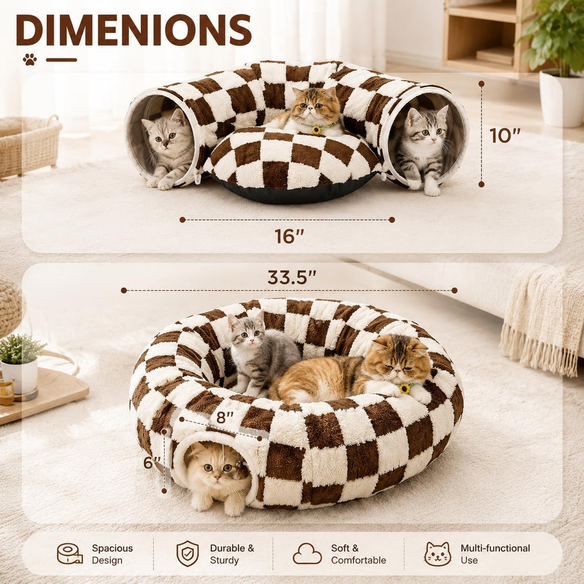 Cat Tunnel Bed with Washable Cushion for Indoor Cat, Donut Cave Tube Toys for Kitten Puppy Rabbit, Brown