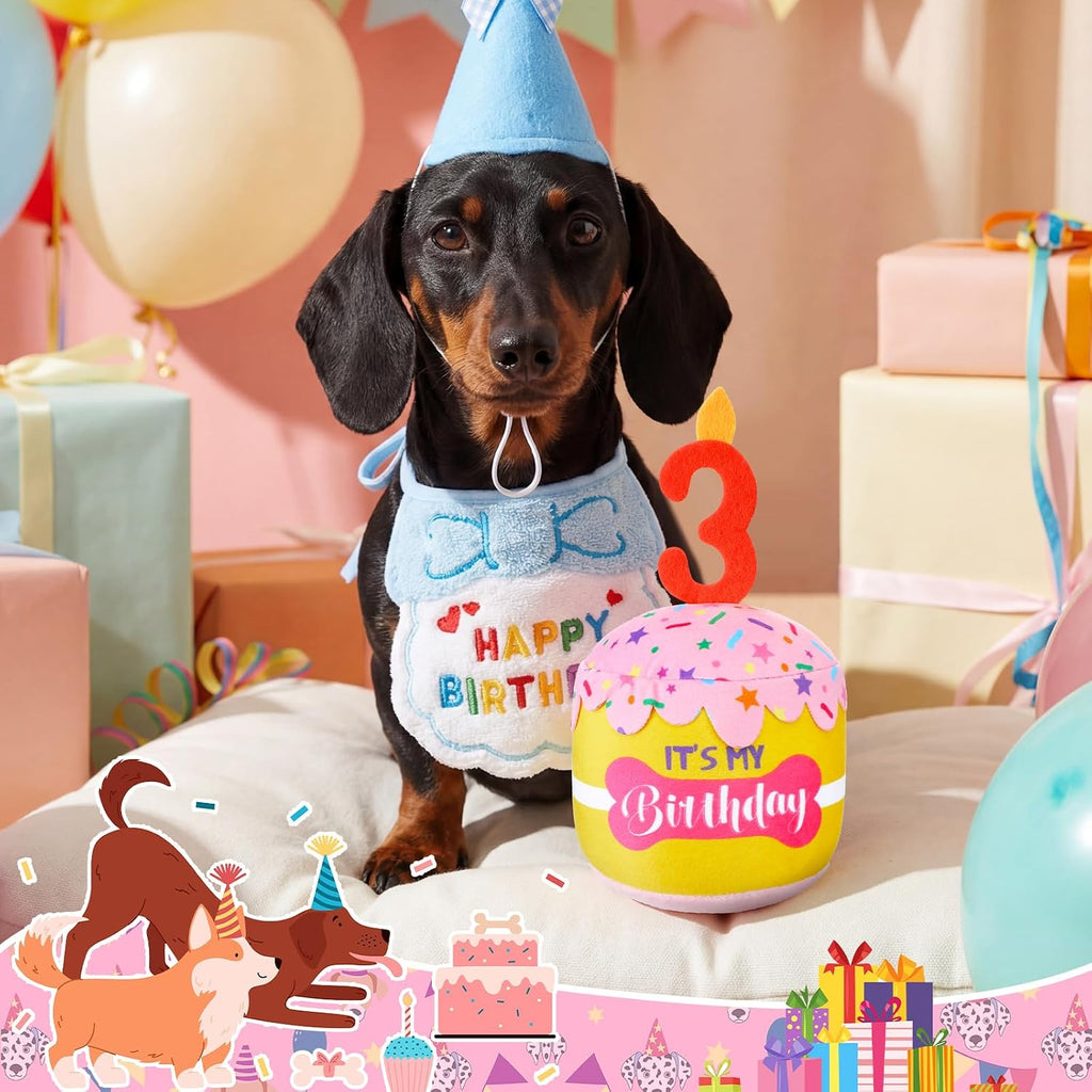 Dansydaisy Dog Birthday Cake Toy Squeaky Plush Gift,3rd,Pink and Yellow | Interactive Squeaky Gift for Dogs, Dog Birthday Decor , Soft Chew for Small Medium Large Pets, Cake Design with Candle