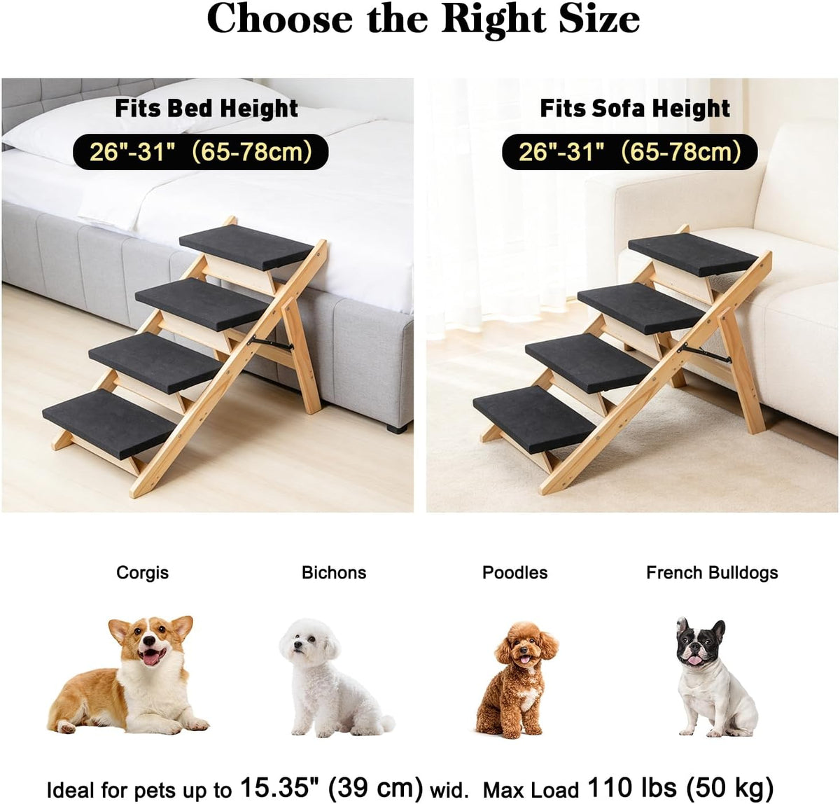 BRIKY 2-in-1 Dog Stairs/Ramp with 4 Steps, Foldable Dog Stairs for High Beds Cars Couch, Durable Wooden Pet Stairs for Small Medium Large Dogs, No Assembly Required