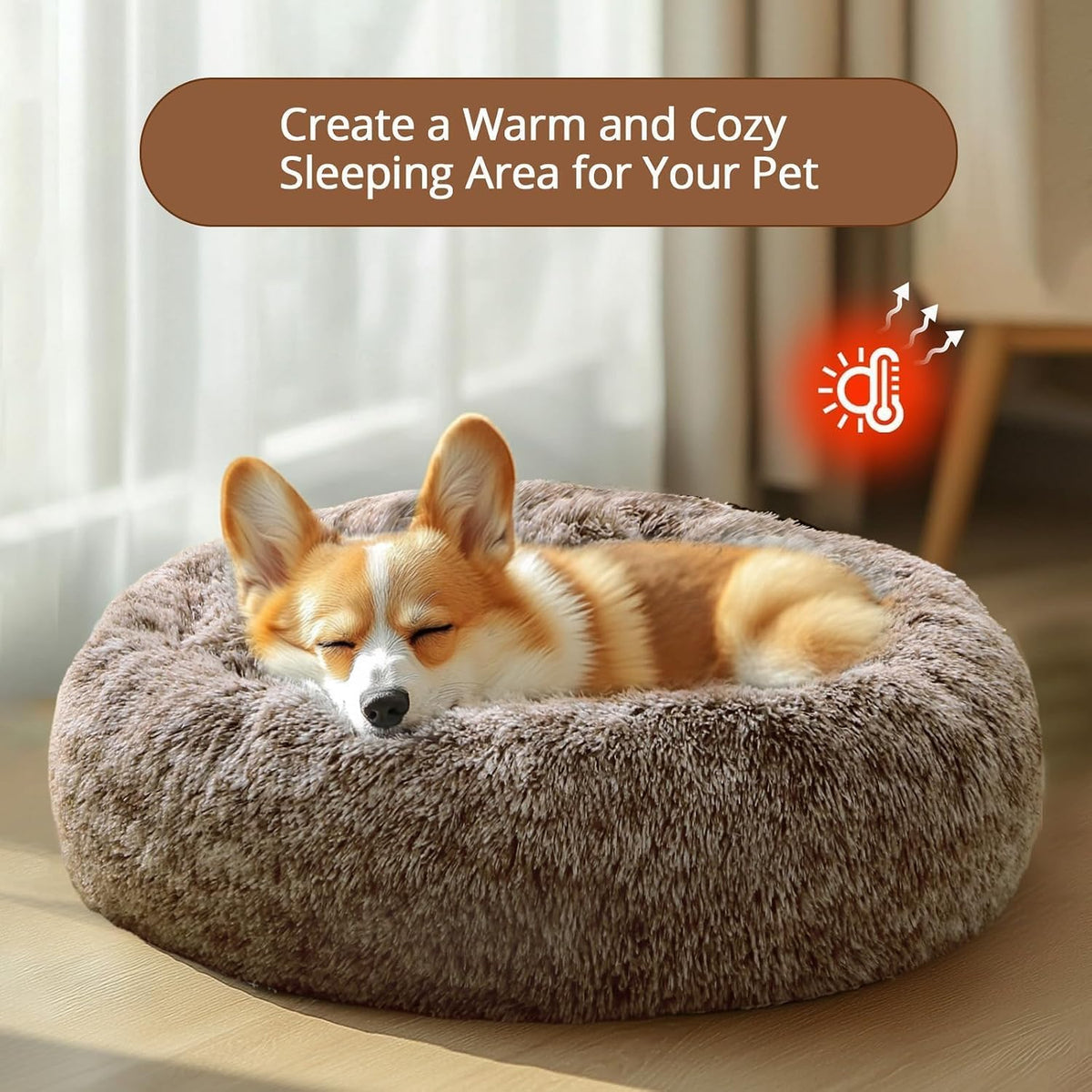 JOLLYVOGUE Calming Dog Beds Large Sized Dog, 36in Donut Washable Large Pet Bed, Anti-Slip & Anti-Anxiety Fluffy Faux Fur Round Dogs Bed, Fits up to 80 lbs Pets (Smoke Brown)