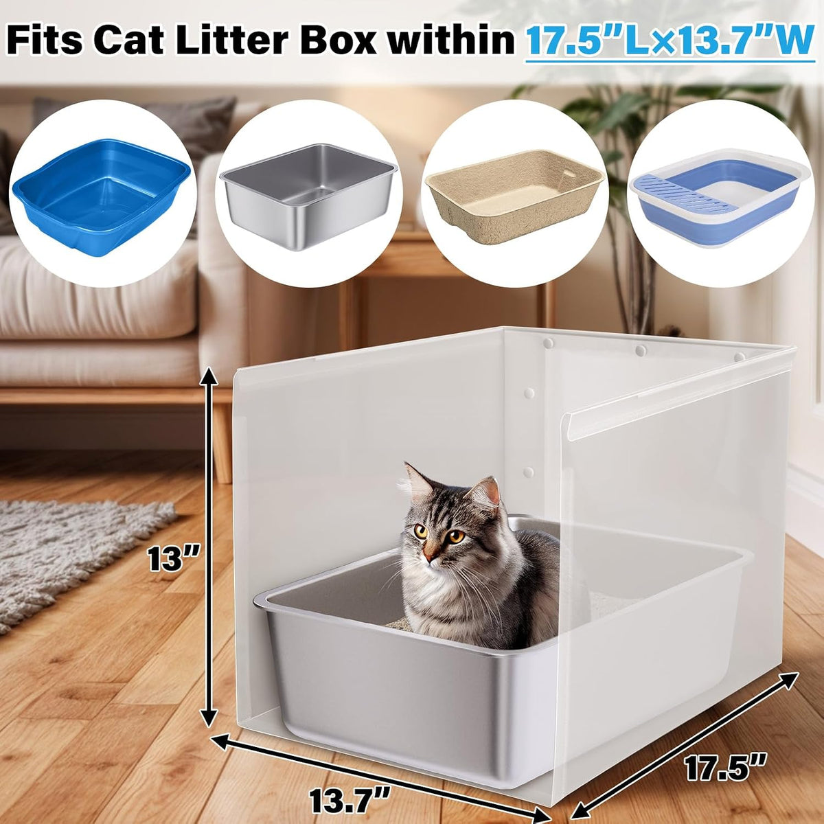 Litter Box Shield, Large Litter Box Splash Guard Without Leakage | 17.5"x13.7"x13", High Sided Cat Litterbox Pee Shields, Easy Clean for Pet Cat/Kitty/Kitten(Without Pan)
