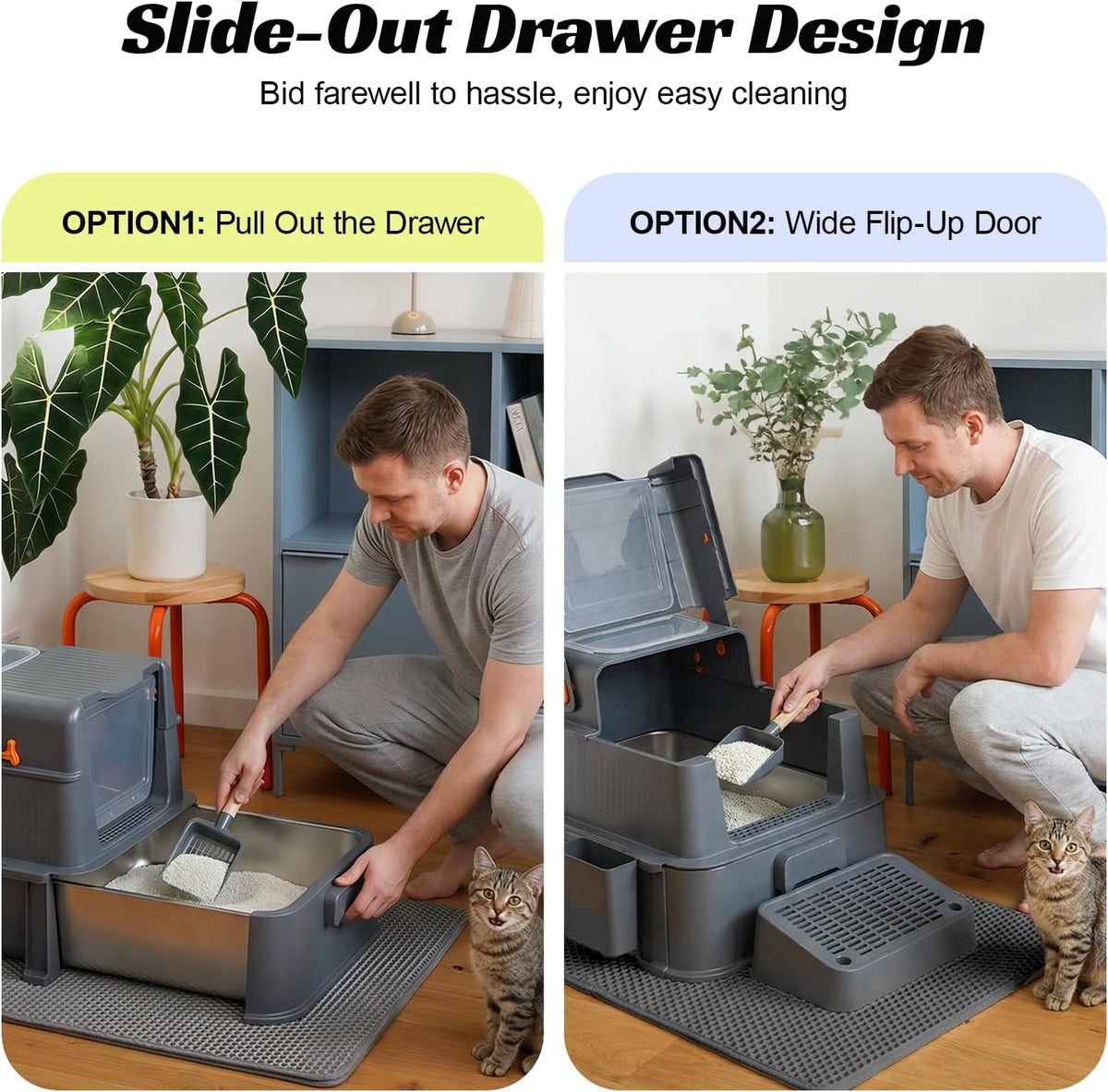 Stainless Steel Enclosed Cat Litter Box with Drawer, Extra Large Kitty Litter Box with Lid and Mat, Front & Top Entry Metal Cat Box for Big Cats, Odor Control, Easy to Clean, Grey