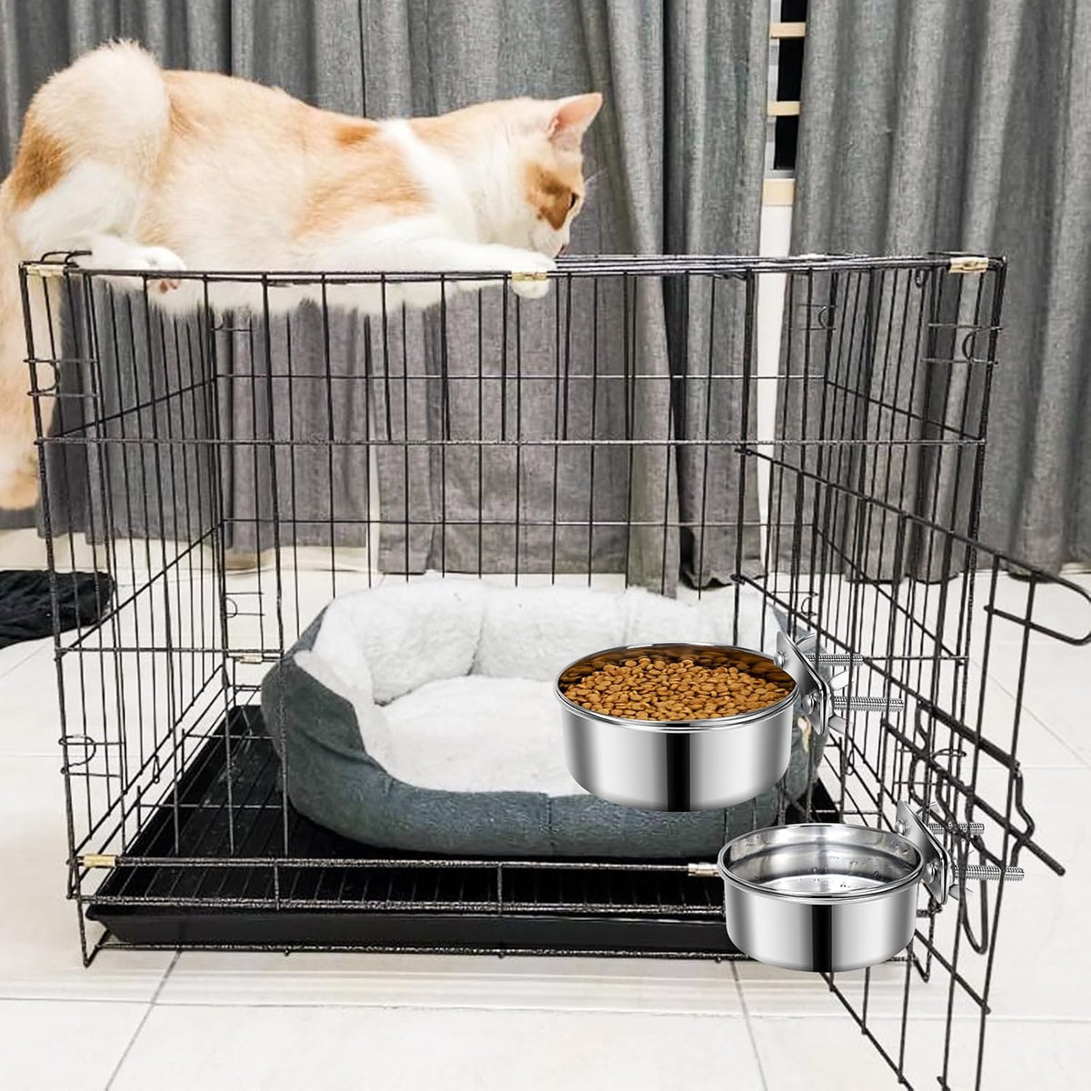 2 Pcs Stainless Steel Small Dog Crate Food Water Bowl, 19 & 12 OZ | Non-Spill, Detectable, Hanging Cage, Feeder Dish with Clamp Holder for Small Pets, Size 4.7x1.9'' & 3.9x1.7''