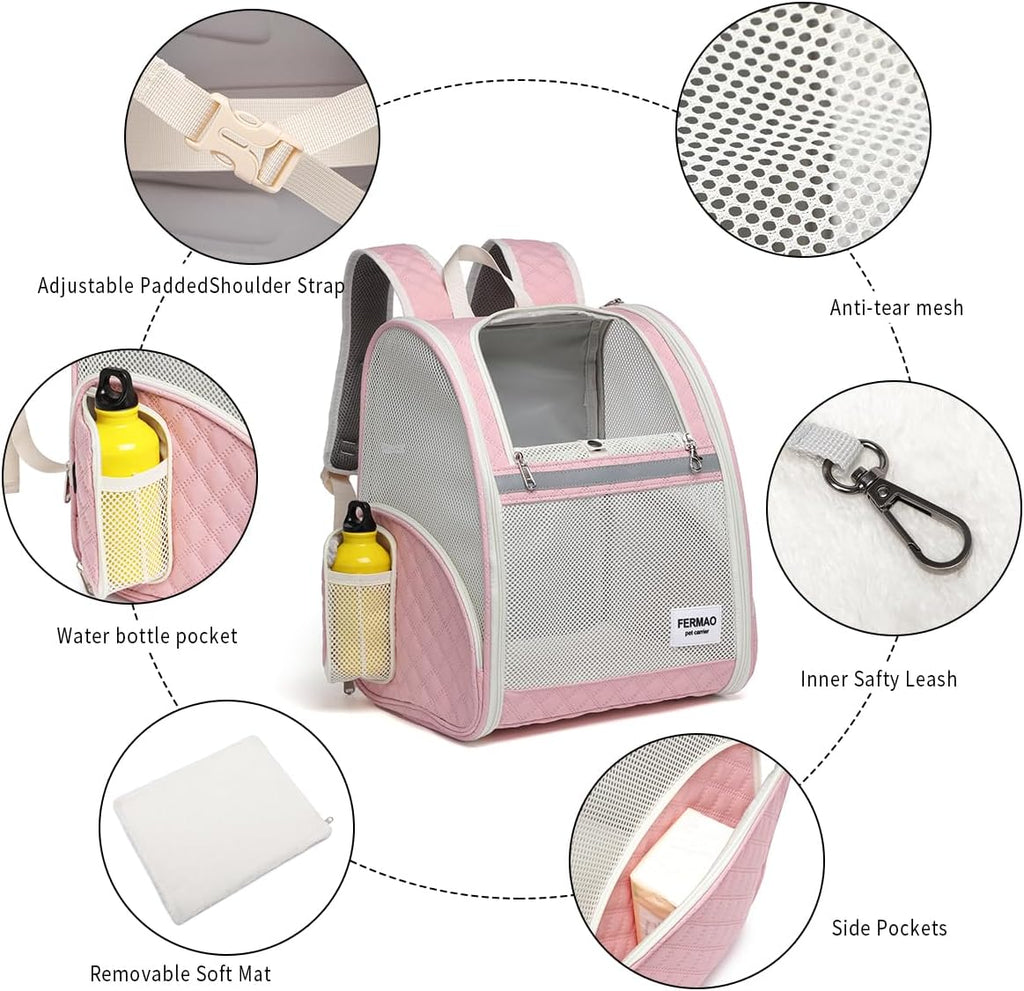 Cat Backpack Carrier for Small Dogs and Medium cat Puppy Kitten Bunny Pet Carrier Backpack Collapsible with Fully Ventilated Mesh with Safety Leash (Pink, 12.9" L x 10.62" W x 15.5" H - M)