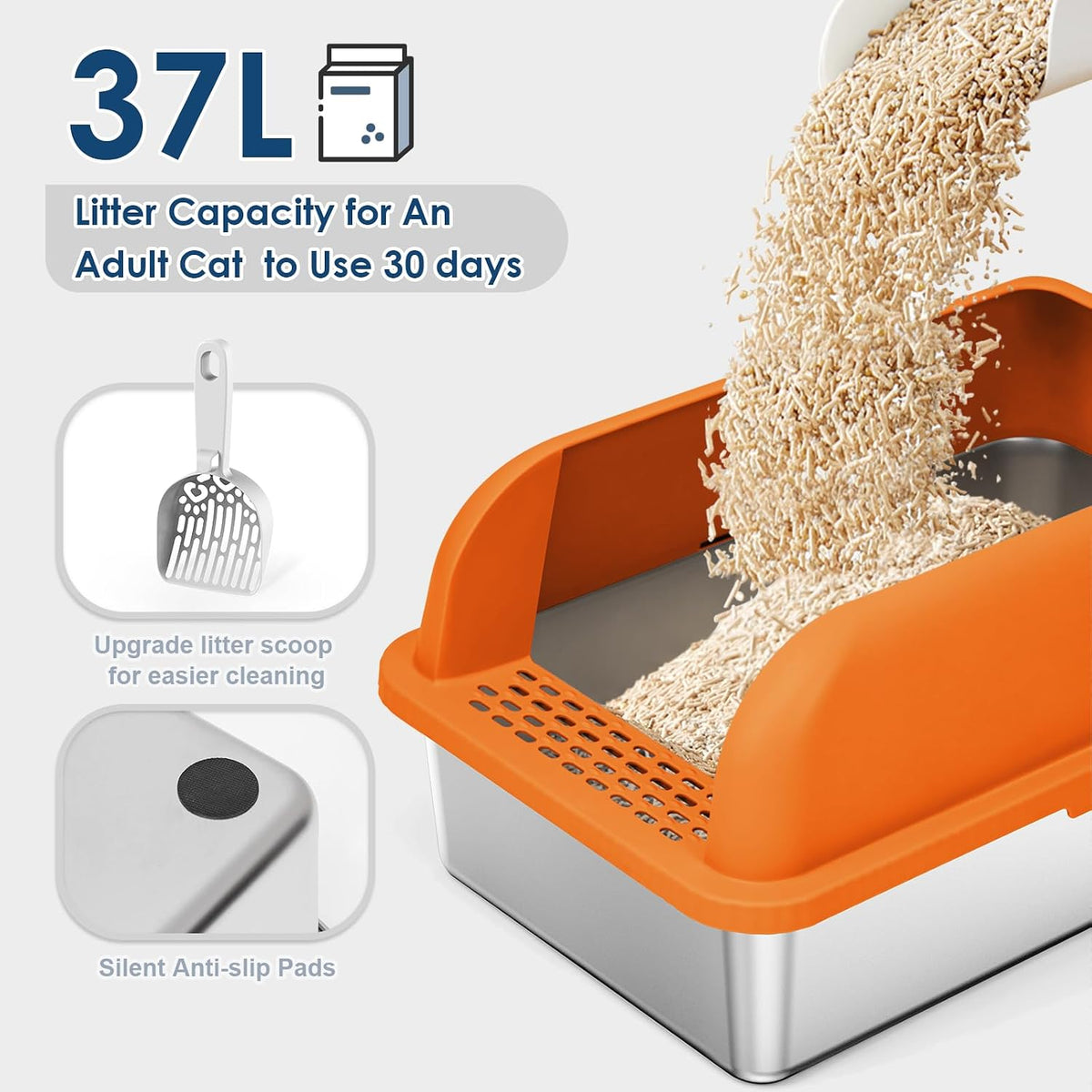 Suzzipaws XL Enclosed Stainless Steel Cat Litter Box for Big Cats | High-Side Anti-Leakage Stainless Steel Litter Box, Non-Sticky, Easy-Clean, Less Tracking for Multi-Cat Homes, Orange