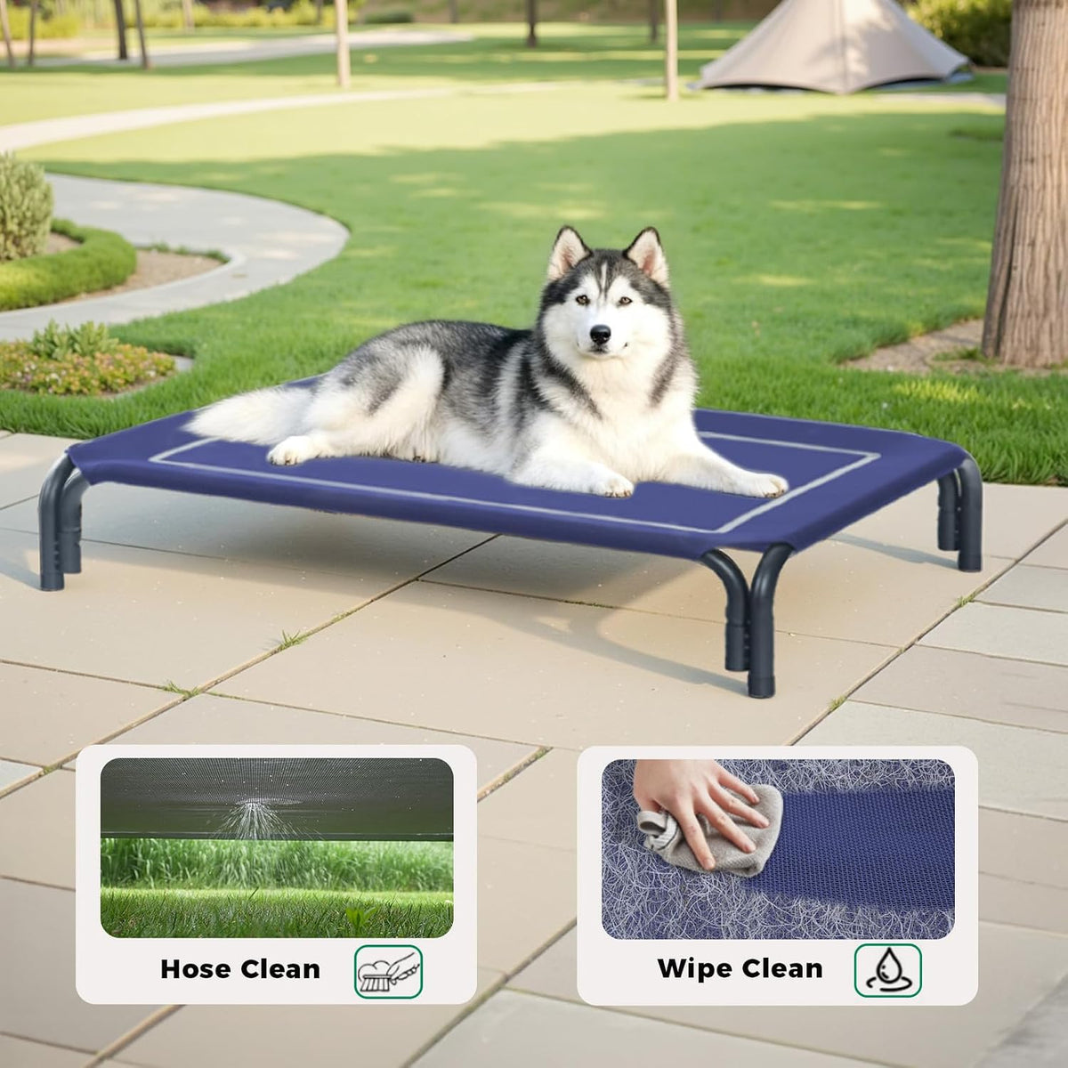 Elevated Dog Bed Outdoor Cooling Raised Cot for Medium Dogs, Blue 35.4in