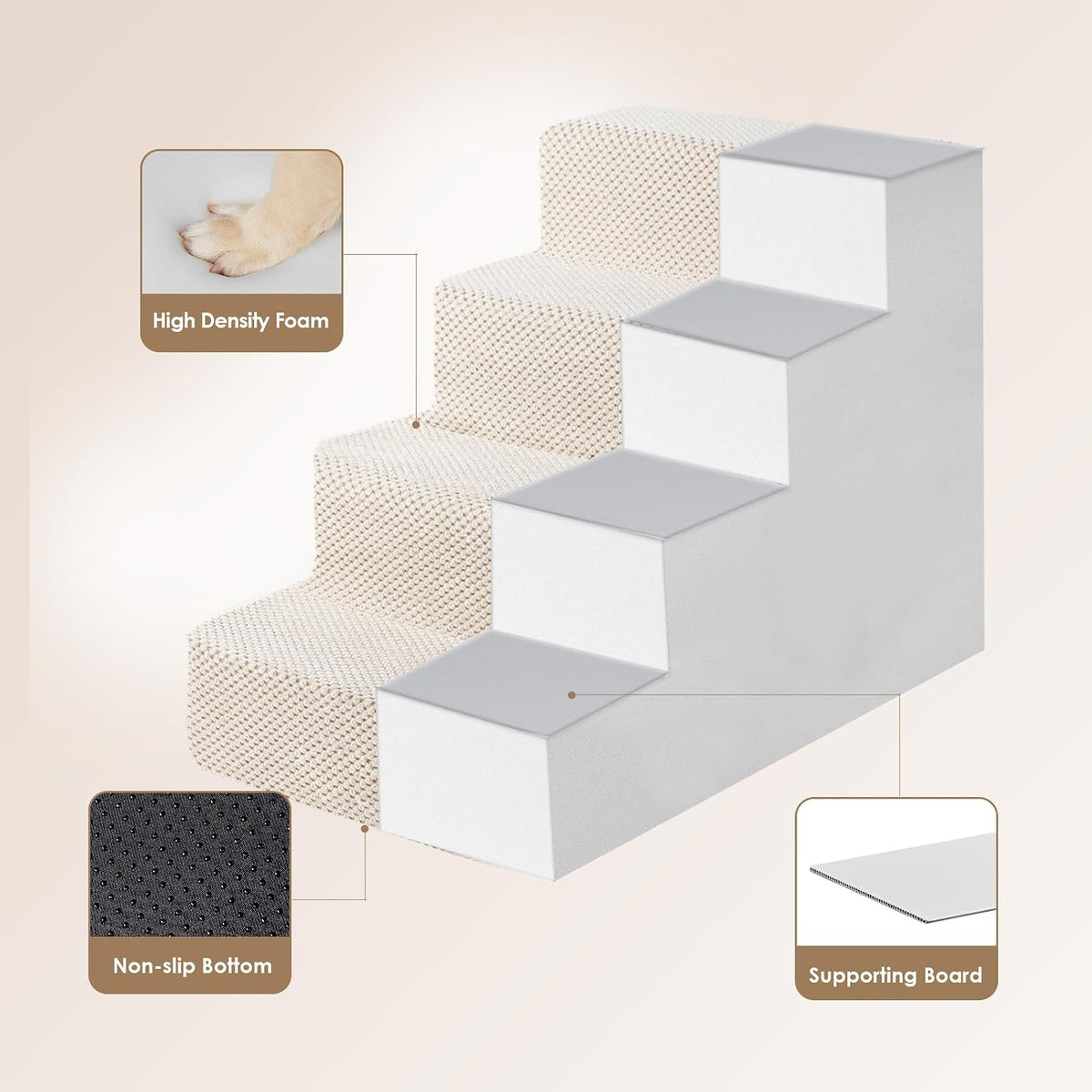 EHEYCIGA Dog Stairs for Bed 18" H, 4-Step Dog Steps for High Bed, Beige