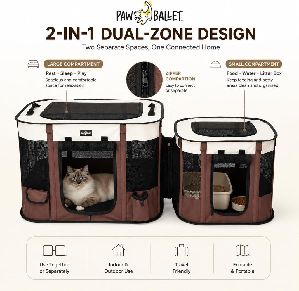 Paw Ballet 2-in-1 Dual-Zone Pet Playpen for Cats & Small Dogs, Portable Indoor Outdoor Pet Enclosure with Connected Rest & Feeding Areas, Foldable Pet Tent with Carrying Bag