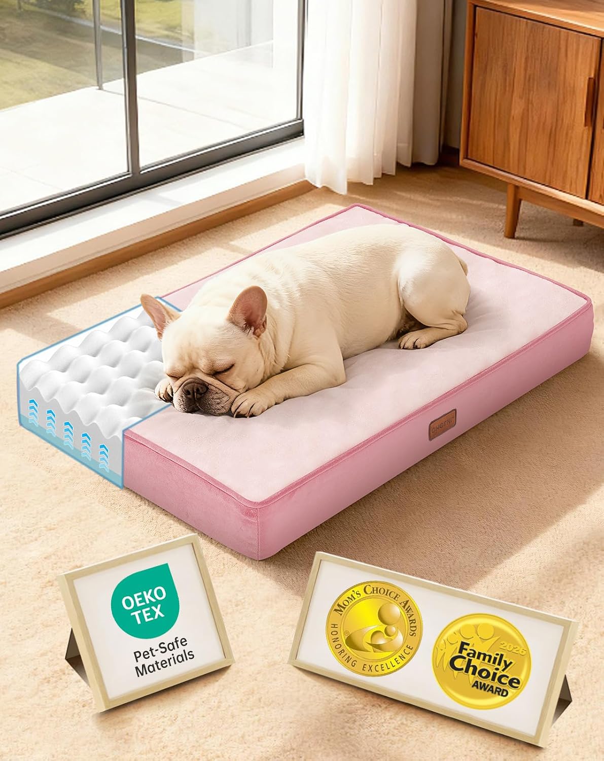 OhGeni Orthopedic Medium Dog Bed, Reversible Memory Foam, 30 inch-M(Pink)