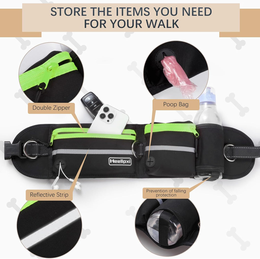 Hands-Free Waist Leash with Pouch for Two Dogs: Reflective Stitching, Dual Handle & Bungee Retractable Design – Ideal for Medium to Large Dogs (Green) – Dog Walking Accessories