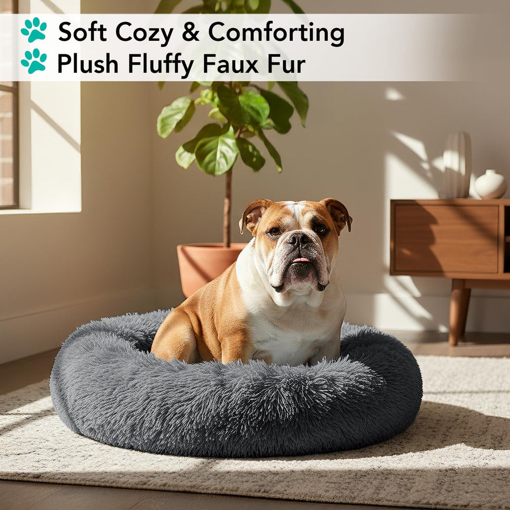 PetAmi Calming Donut Dog Bed, Washable Faux Fur, 30 Inch Medium, Grey