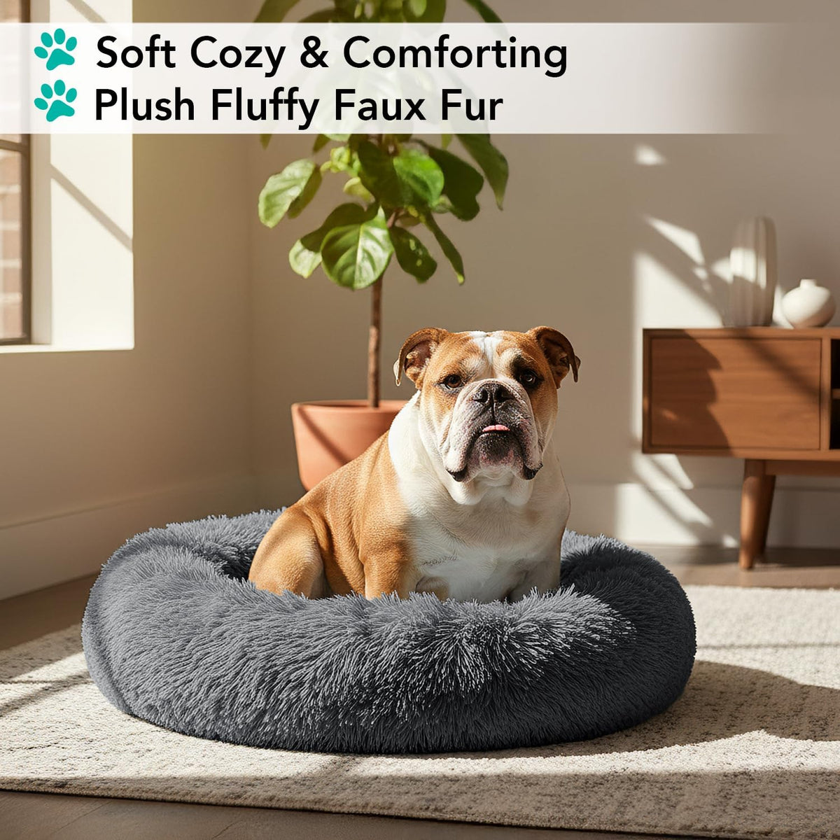 PetAmi Calming Donut Dog Bed, Washable Faux Fur, 30 Inch Medium, Grey