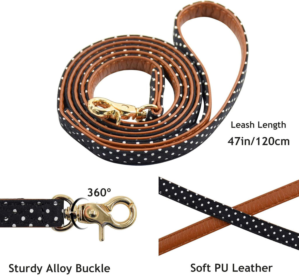 3PCS Bow Tie Dog Collar and Leash Set Plaid/Camo/Dots/Flower Dog Bandanas with Bell 3 Size Adjustable for Small Dogs Puppies and Cats (XS, Black Dots)