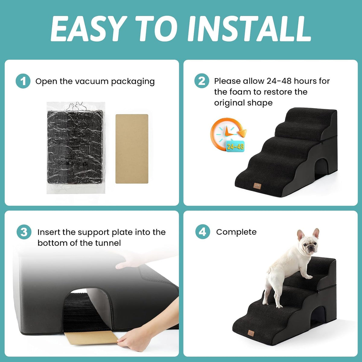 COZY KISS Extra Wide Small Dog Stairs with Tunnel, Pet Step for Bed, Black