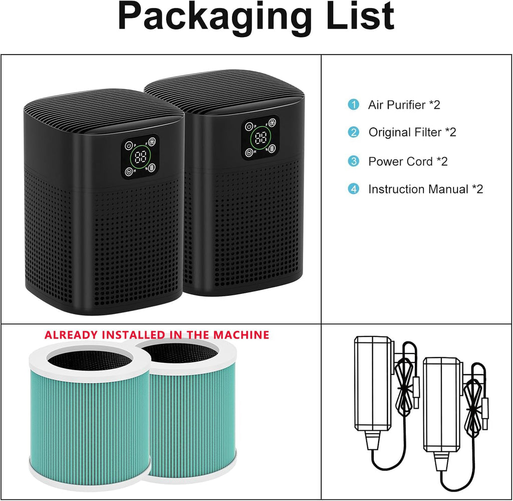 2 Pack Air Purifiers for Home Bedroom, Coverage up to 2190ft², HY1800PRO