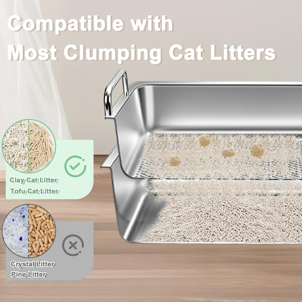 Stainless Steel Sifting Cat Litter Box for Clumping Clay Litter with High-Speed Sifting System, Large Metal Litter Box with 2 Replaceable Bottom Pans, Odor Control，Easy Clean (19.7"x13.7"x5.9")