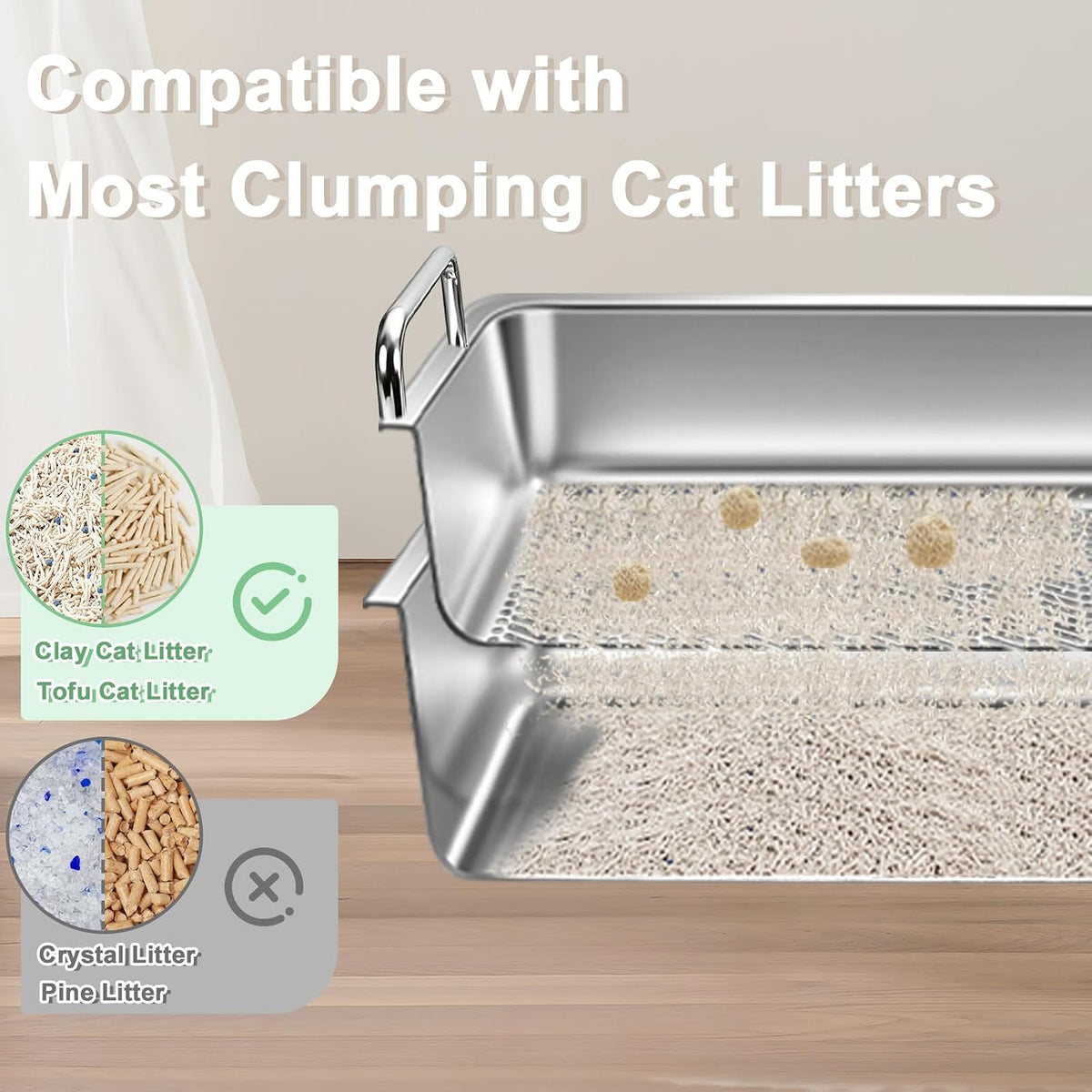 Stainless Steel Sifting Cat Litter Box for Clumping Clay Litter with High-Speed Sifting System, Large Metal Litter Box with 2 Replaceable Bottom Pans, Odor Control，Easy Clean (19.7"x13.7"x5.9")