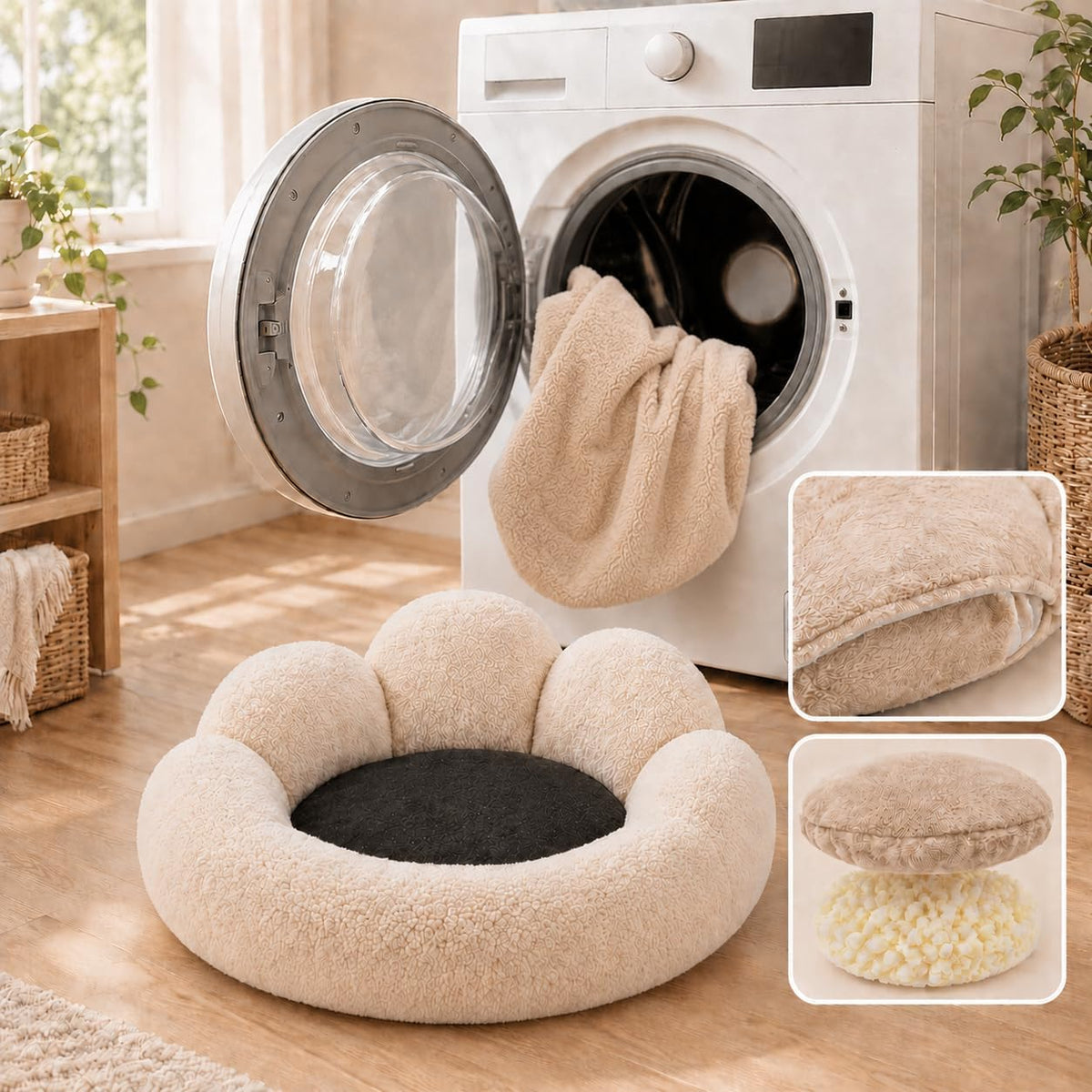 Small Dog Bed, Flower-Shaped Calming Cat Bed, 23 in, Beige