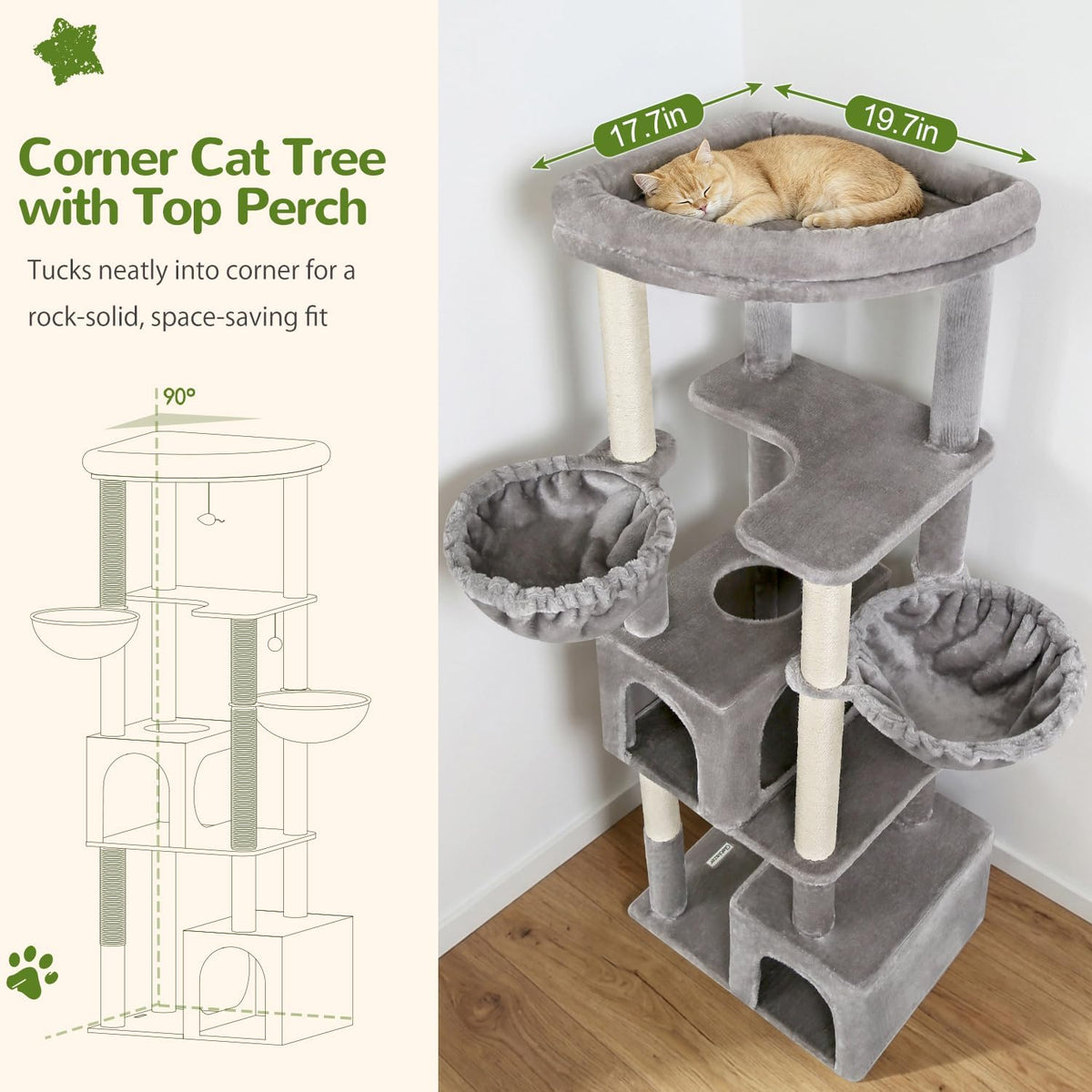 Globlazer C64 Heavy Duty Corner Cat Tree, 64in Large Cat Tower, Light Grey