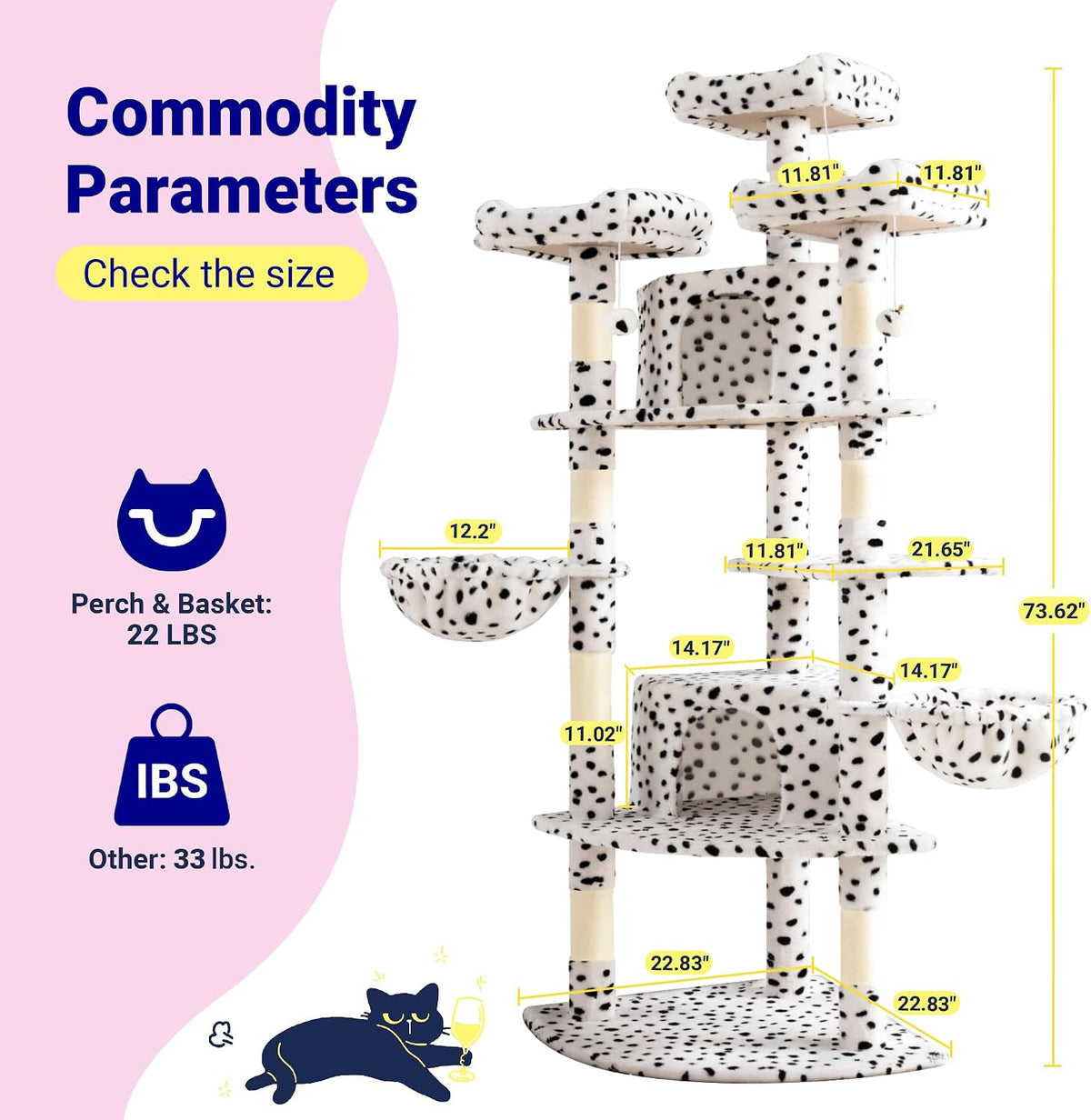 Allewie 73in Fan-Shaped Space-Saving Corner Cat Tower/Multi-Level Tall Cat Tree for Indoor Kitties/Cozy Baskets/Condos/House/Perches/Sisal Scratching Posts/Pet Activity Center/White & Black Spot
