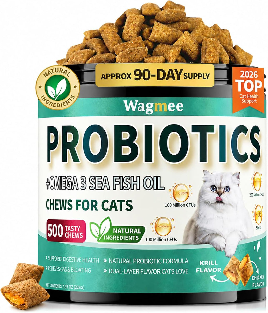 Cat Probiotics Chews 500 Count, Omega 3 Fish Oil Skin Coat Gut Support