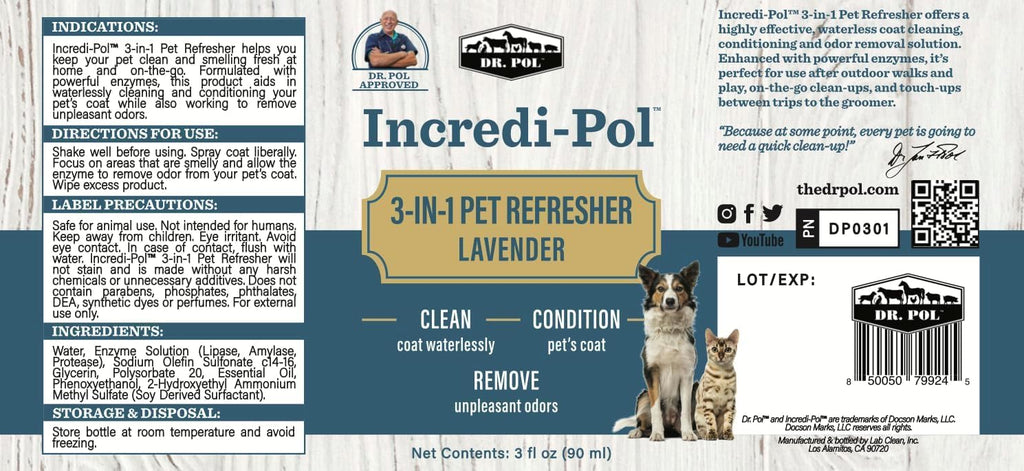 Dr. Pol 3-in-1 Waterless Pet Spray Odor Eliminator, Dog, Cat, Lavender