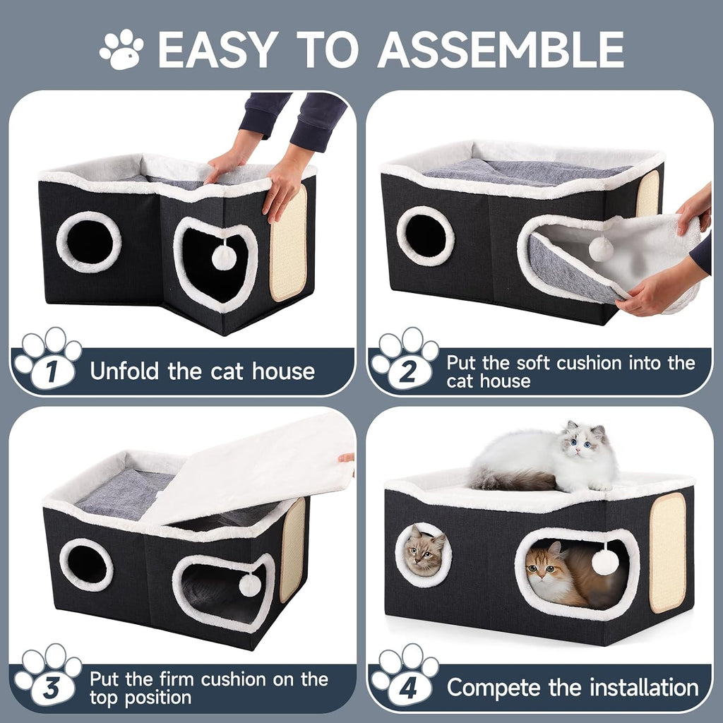Shikha Extra Large Cat House Bed for Multi Cats with Scratch Pad Black