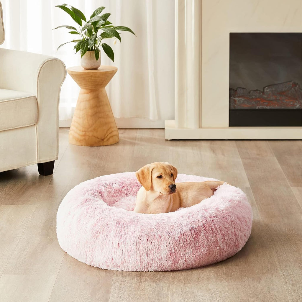 WNPETHOME Large Pink Round Calming Dog Bed Cat Bed for Comfy Sleep