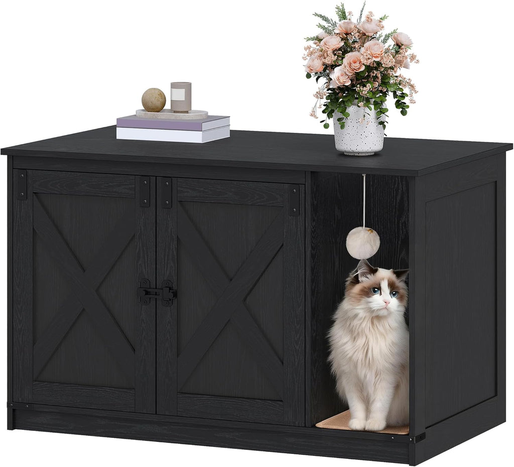 Hzuaneri Cat Litter Box Enclosure, Hidden Litter Box Cabinet Furniture | Indoor Cat House with Bell, Farmhouse Style, 31.5 x 19.7 x 20.9 Inches, for Hallway, Bedroom, Black CB85204X
