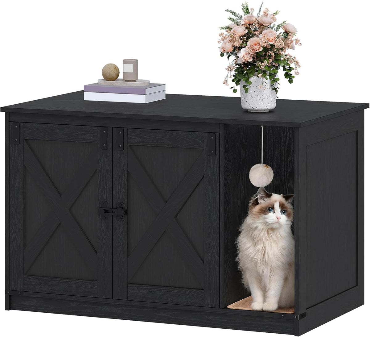 Hzuaneri Cat Litter Box Enclosure, Hidden Litter Box Cabinet Furniture | Indoor Cat House with Bell, Farmhouse Style, 31.5 x 19.7 x 20.9 Inches, for Hallway, Bedroom, Black CB85204X