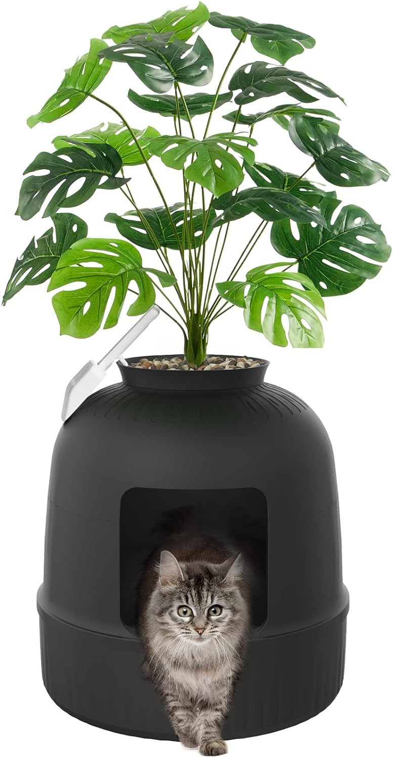 Lifewit Hidden Plant Cat Litter Box with Plastic Scoop, Black | Extra Large Enclosure Litter Tray with Carbon Filter& Odor Control, Aesthetic Cats Stuff for Living Room, Bathroom, Corner