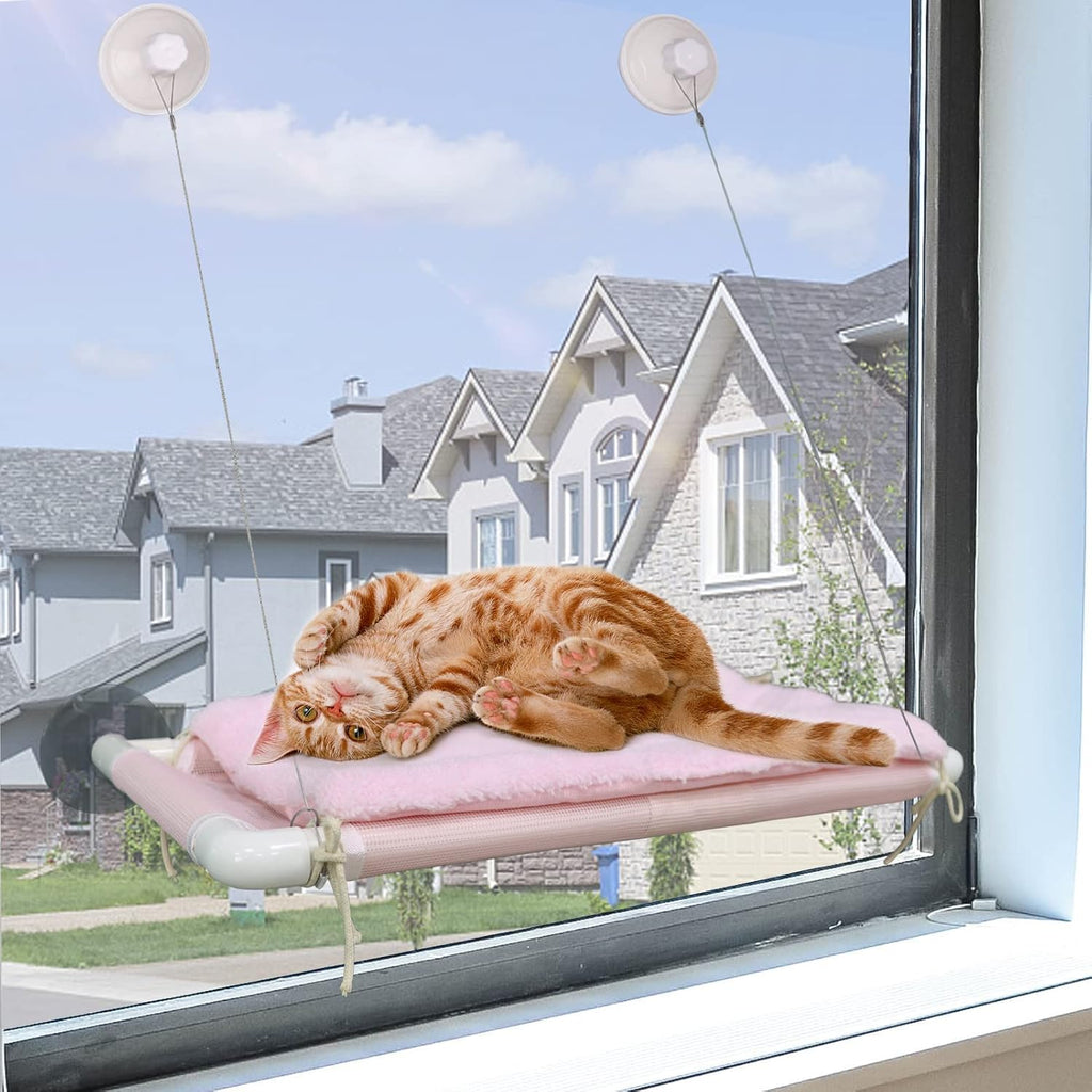 Cat Window Perch, Cat Hammock w/Fleece Blanket, Screw Suction Cups, Pink