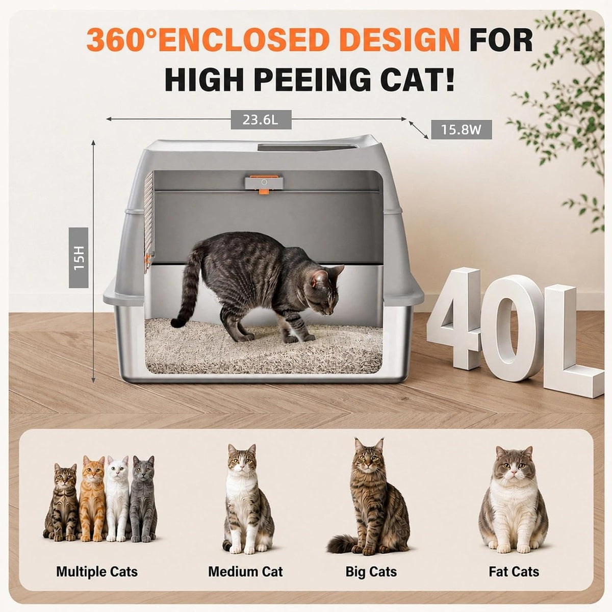 XL Stainless Steel Litter Box with Lid, Enclosed Metal Cat Pan