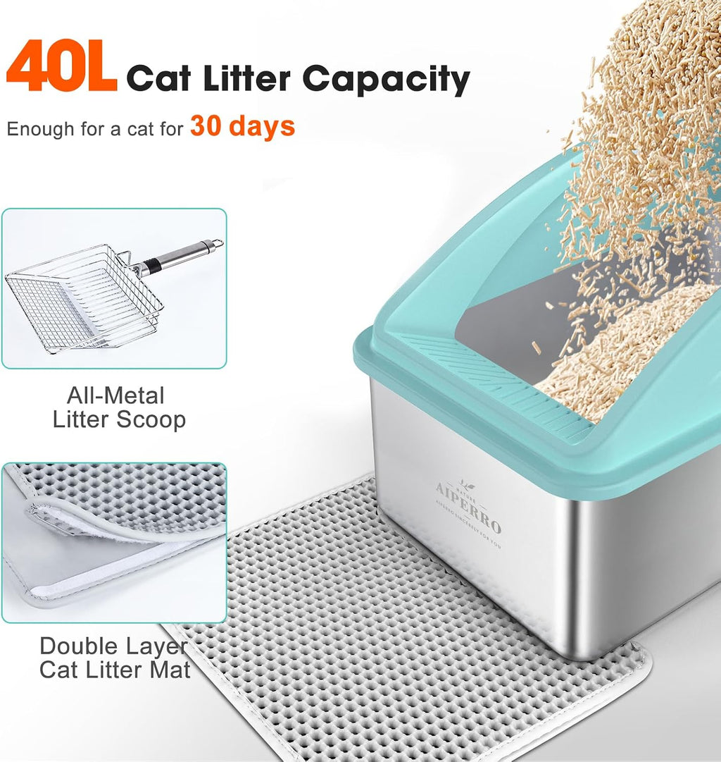 AIPERRO Stainless Steel Cat Litter Box | XXL Deepened 8" Design | Metal High Sided Box with Lid for Big Cats | Anti-Urine Leakage | Non-Stick & Easy to Clean with Litter Mat & Metal Scoop