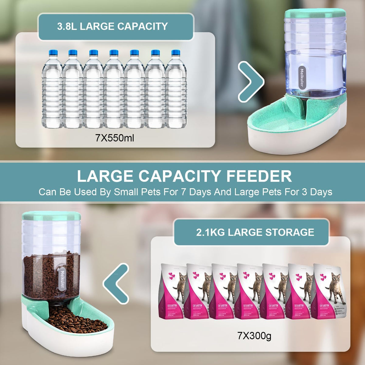 Meikuler Automatic Dog Cat Feeder and Water Dispenser Set,Waterer and Gravity Food Feeder for Small & Medium Dogs Cats Puppies,Large Capacity 1 Gallon x 2 (Green)