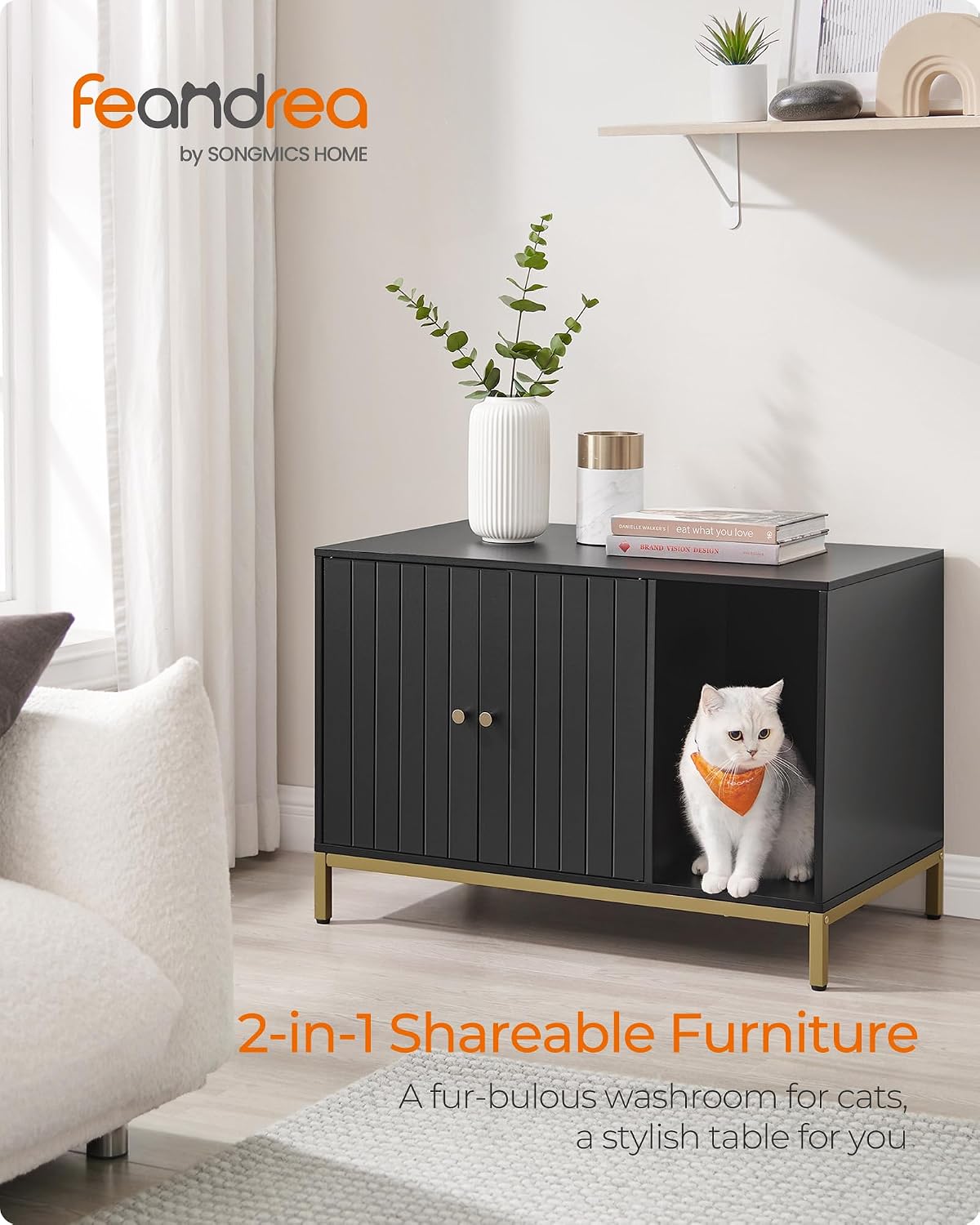 FEANDREA Cat Litter Box Enclosure, with Scratching Mat, Tall Legs