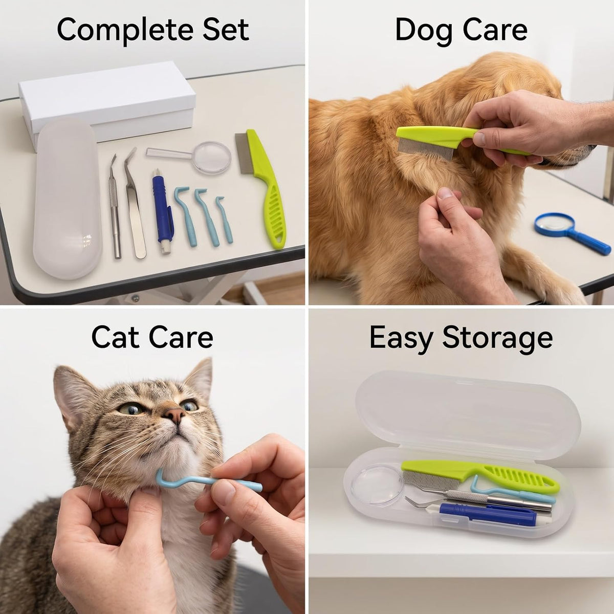 8 Pieces Green Stainless Steel Tick Removal Kit,Flea Comb, Tick Tweezers,Dog Grooming Kit,Painless Physical Parasite Removal Tools for Dogs Cats Indoor Outdoor Hiking Camping Daily Pet Care