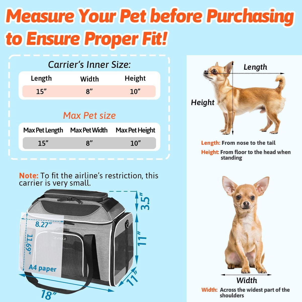 Petskd Top-Expandable Small Pet Carrier 18"x11"x11" Airline Approved